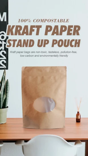 Compostable Cremallera personalizada Alimentos Snack Nut Bolsas de pie Embalaje Zip Lock Café Té Papel Kraft Doypack Bolsas biodegradables con ventana