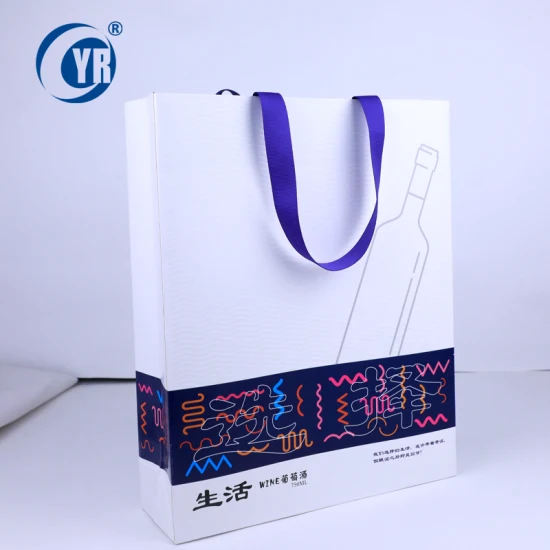 Bolsa de papel de compras de regalo de marca de lujo impresa personalizada con asa de cinta para embalaje de zapatos de ropa