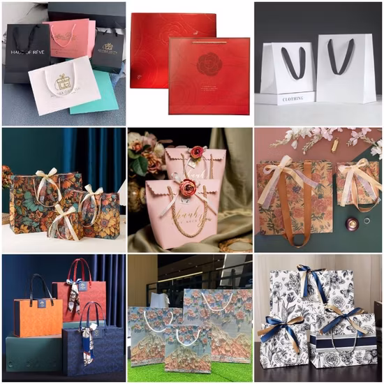 Bolsa de papel de cartón rosa de lujo con logotipo personalizado de muestra gratis con asa de cinta